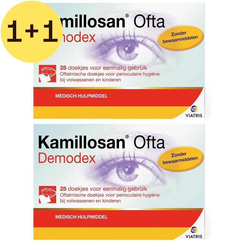 Deux boîtes de Kamillosan Ofta Demodex. Inscription: 28 lingettes à usage unique. 1+1 gratuit. Logo Mylan.