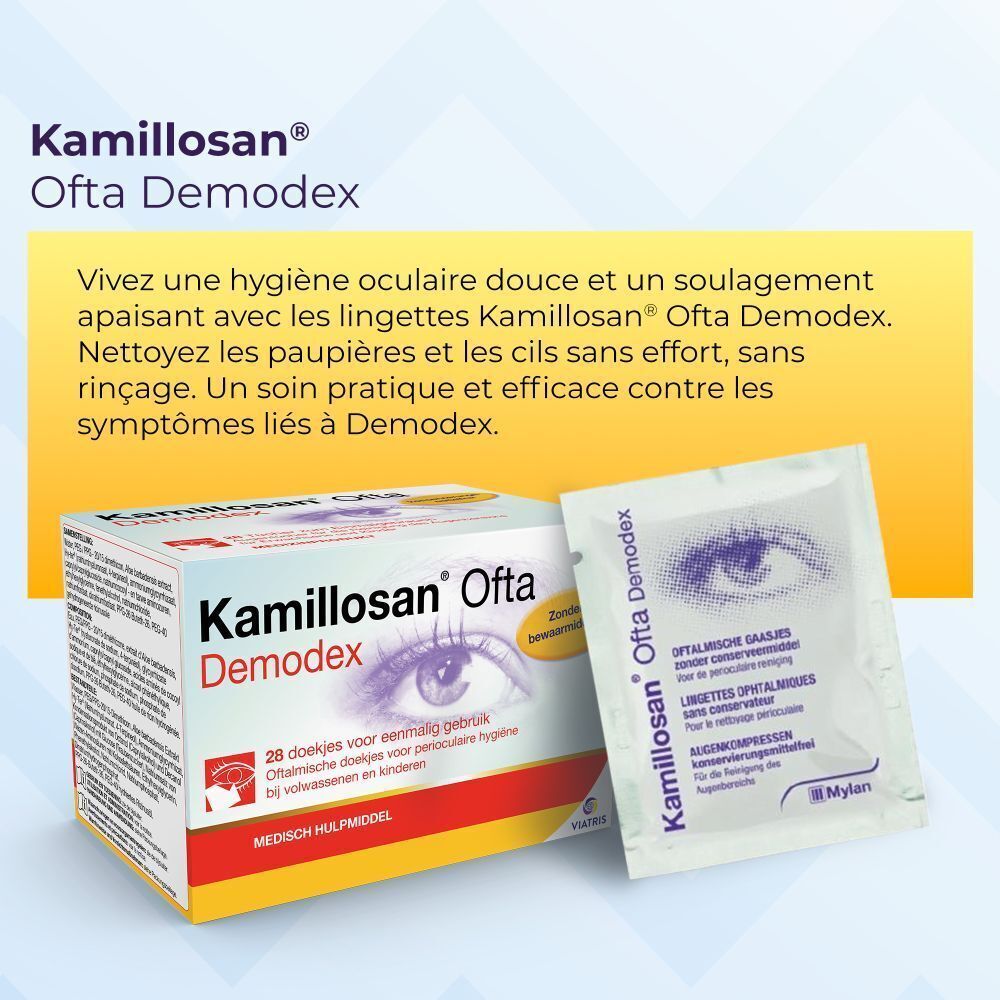 Deux boîtes de Kamillosan Ofta Demodex. Inscription: 28 lingettes à usage unique. Sans conservateur. Logo Mylan.