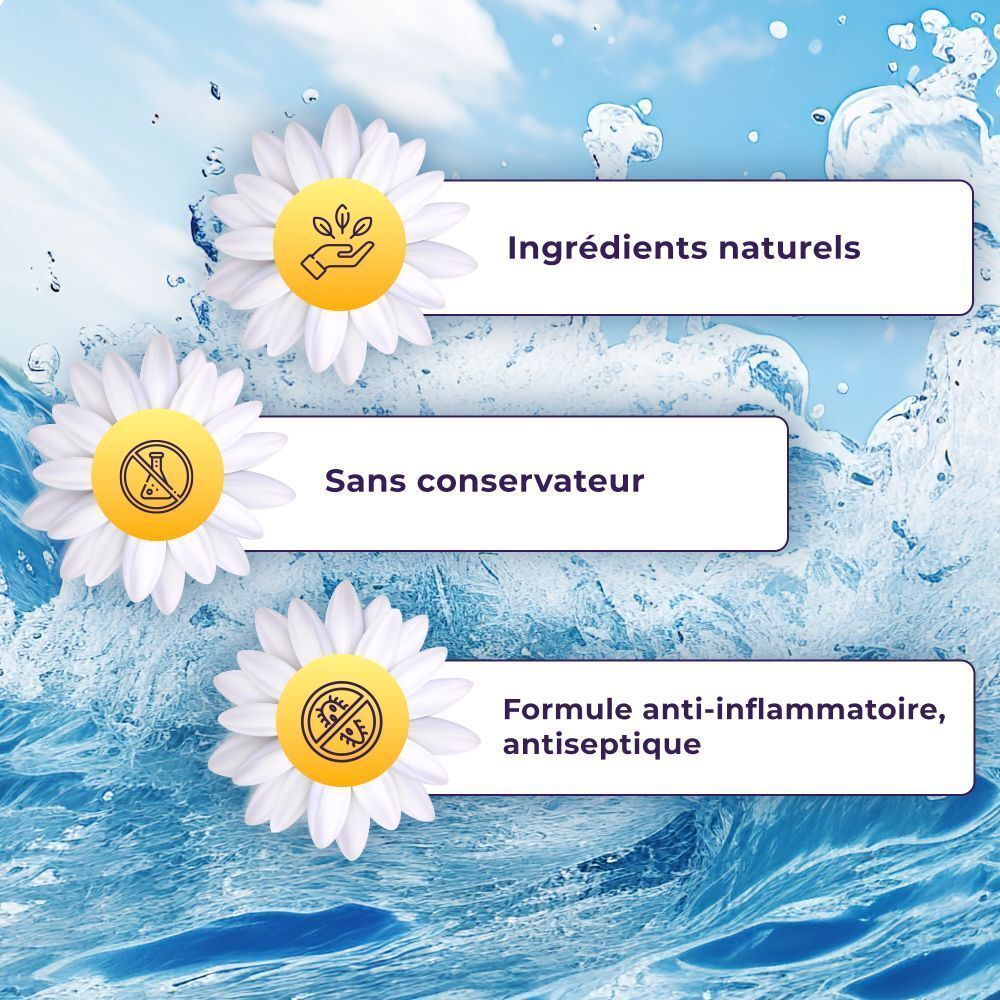 Trois marguerites avec texte. Ingrédients naturels. Sans conservateur. Formule anti-inflammatoire.
