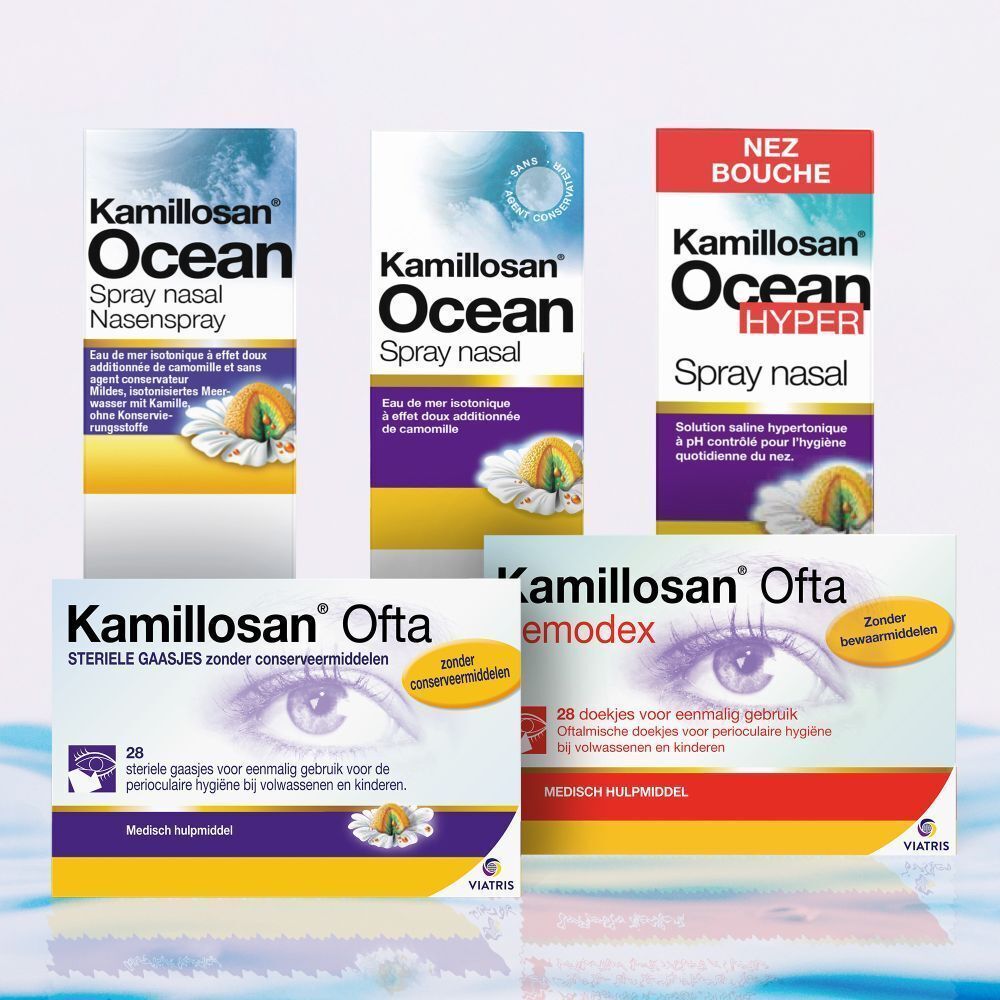 Différents produits Kamillosan. Spray nasal et lingettes oculaires. Différents emballages.