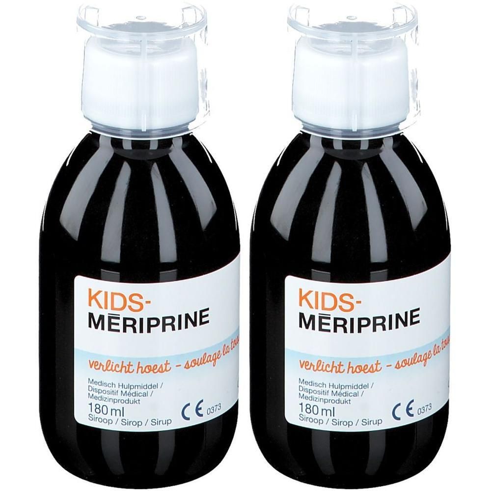 Deux flacons de KIDS-Mériprine® Sirop. Liquide noir dans des flacons ronds avec étiquette et bouchon blancs. Marquage CE.