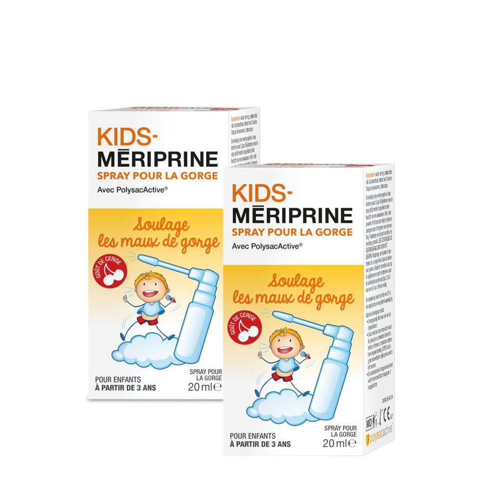 Deux boîtes KIDS-MERIPRINE. Inscription: Spray pour la gorge. Avec illustration et PolysacActive. 20 ml.