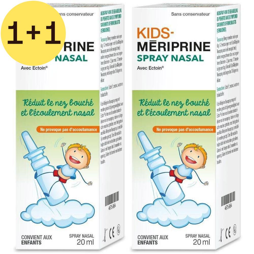 Deux boîtes KIDS-MERIPRINE Spray Nasal. Texte: Réduit le nez bouché et l'écoulement nasal. Avec Ectoin.