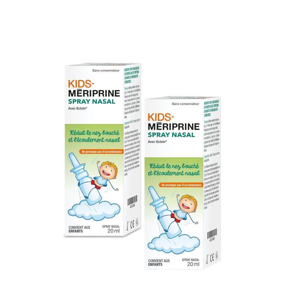 Deux boîtes KIDS-MERIPRINE Spray Nasal. Texte: Réduit le nez bouché et l'écoulement nasal. Avec Ectoin.