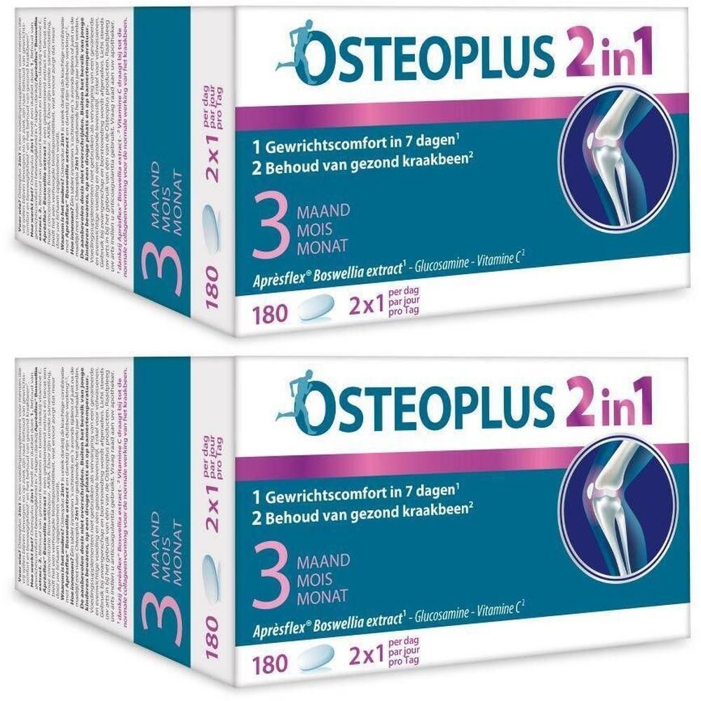 Deux boîtes d'Osteoplus 2 en 1. Boîtes blanches avec accents bleus et blancs. Texte: 3 mois, 180 comprimés, Apresflex, Glucosamine, Vitamine C.