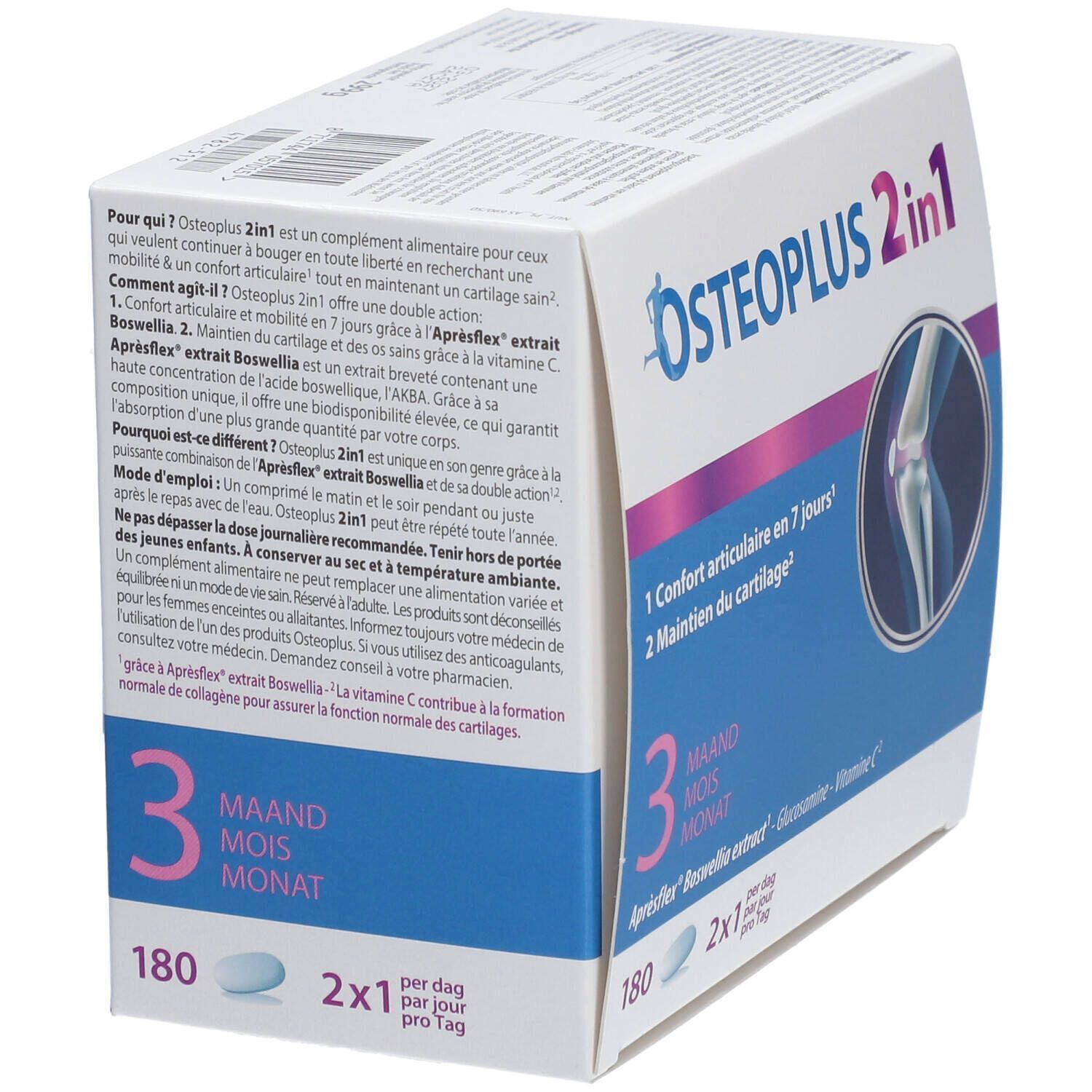Emballage Osteoplus 2-en-1. Inscription: 3 mois, 180 comprimés, 2x1 par jour. Contient glucosamine et vitamine C. Un genou est illustré.