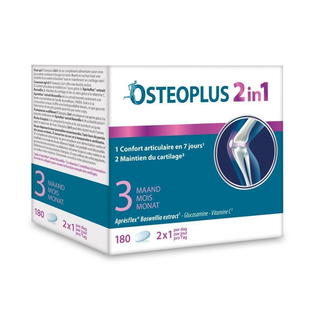 Boîte d'Osteoplus 2 en 1. Boîte blanche avec accents bleus et blancs. Texte: 3 mois, 180 comprimés, Apresflex, Glucosamine, Vitamine C.