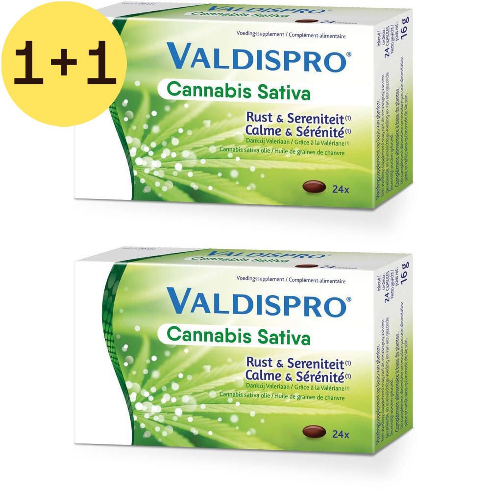 Deux boîtes de Valdispro Cannabis Sativa. Emballage blanc avec logo et texte verts. Contient 24 comprimés.