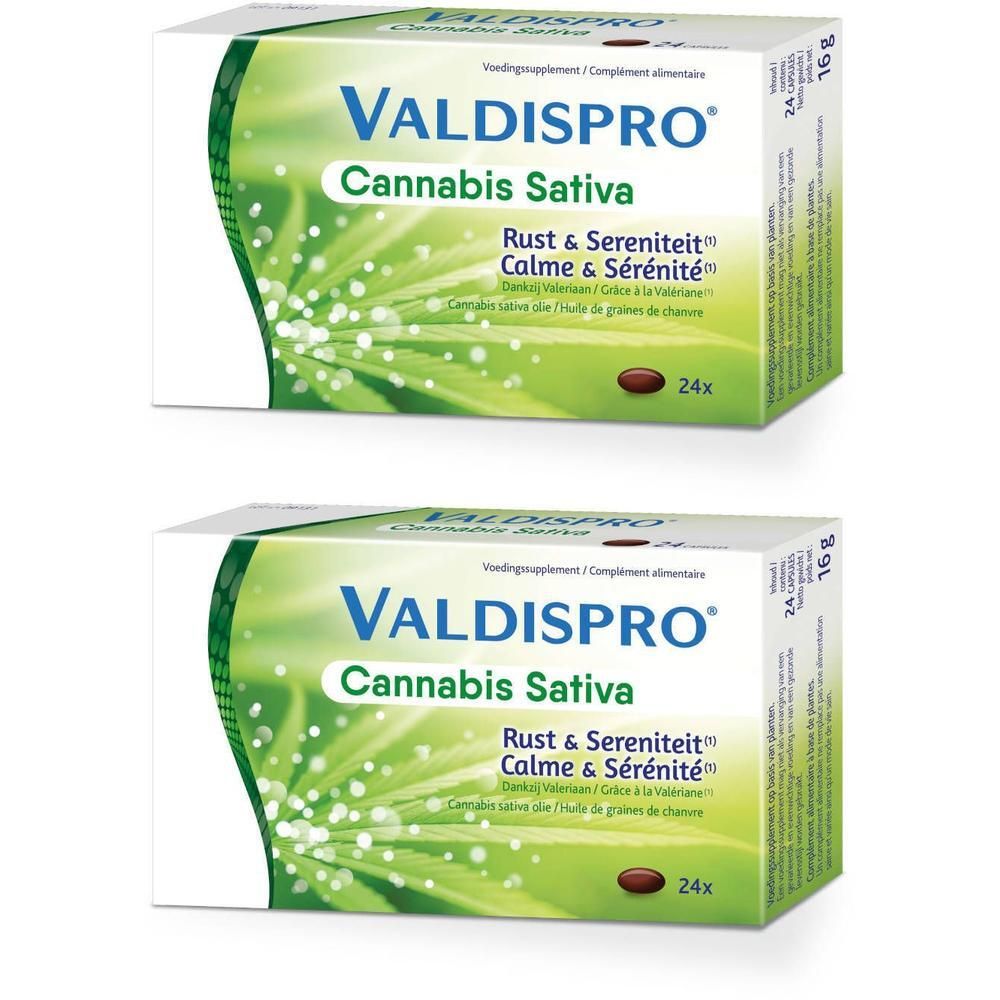 Deux boîtes de Valdispro Cannabis Sativa. Emballage blanc avec logo et texte verts. Contient 24 comprimés.
