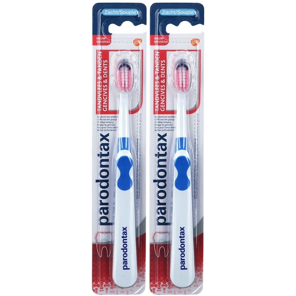 Deux brosses à dents dans un emballage. Manche blanc avec insert bleu, tête rouge. Inscription : parodontax.
