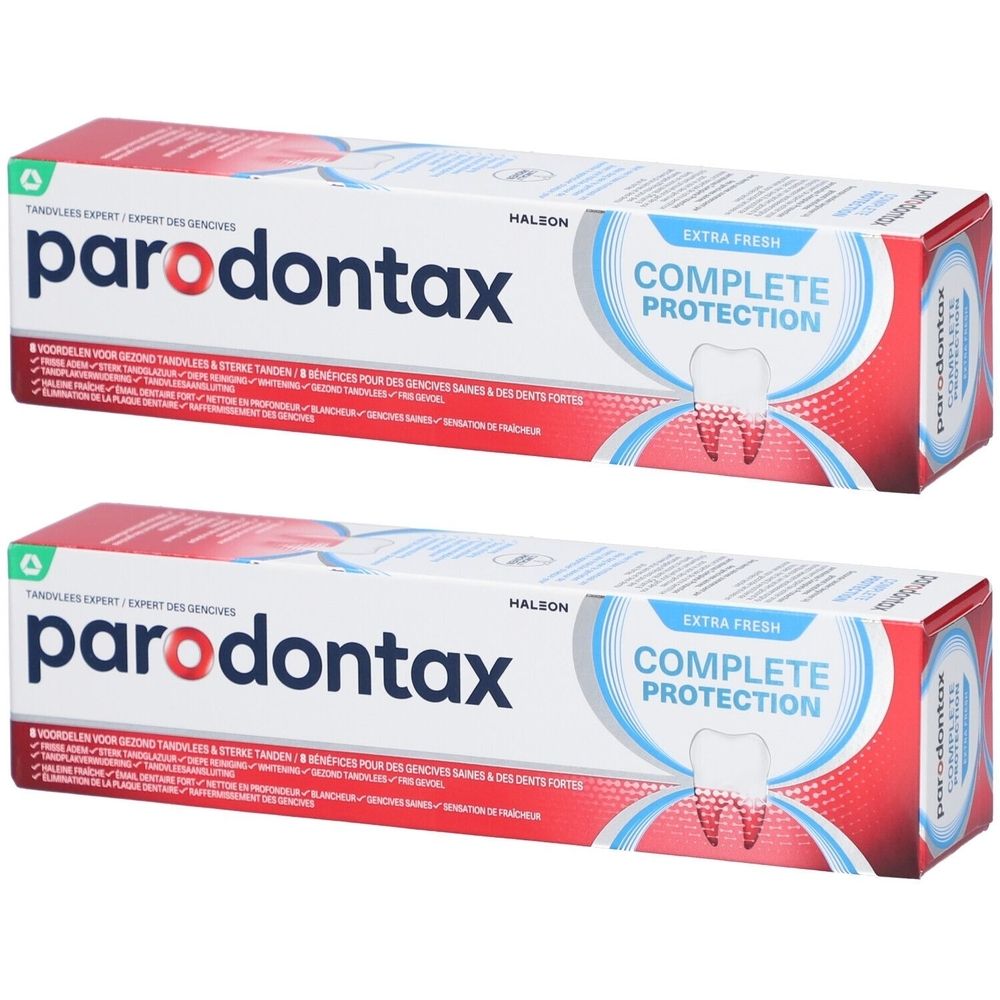 Deux boîtes de dentifrice Parodontax Complete Protection Extra Fresh. Emballage rouge et blanc avec nom et logo du produit.