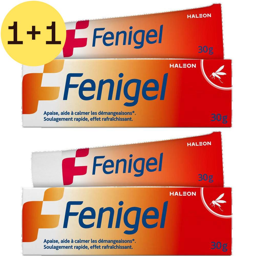 Quatre tubes de Fenigel. Design orange et blanc avec logo rouge. Indication 30g.