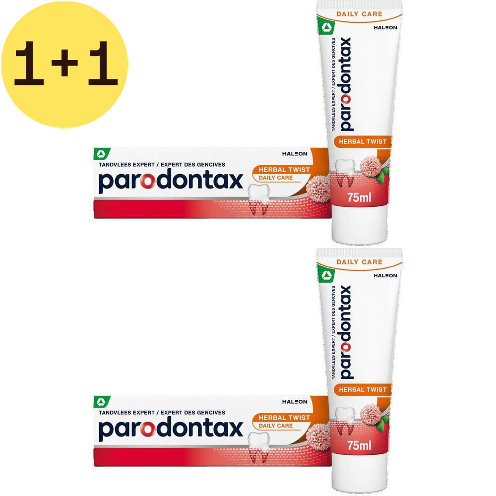 Deux boîtes de dentifrice Parodontax Herbal Twist. Inscription: Aide à empêcher et prévenir le saignement des gencives.