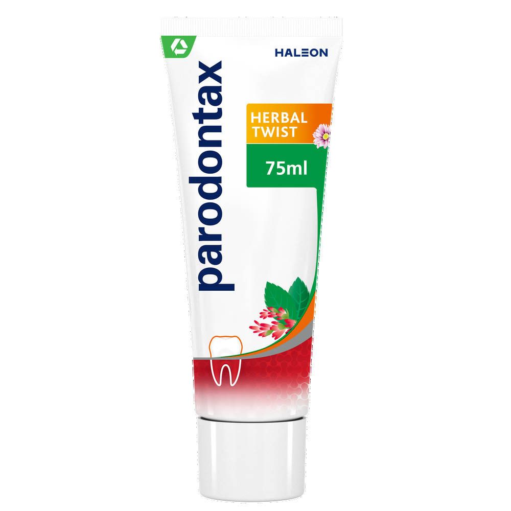 Tube de dentifrice. Inscription: Parodontax Herbal Twist, 75ml.