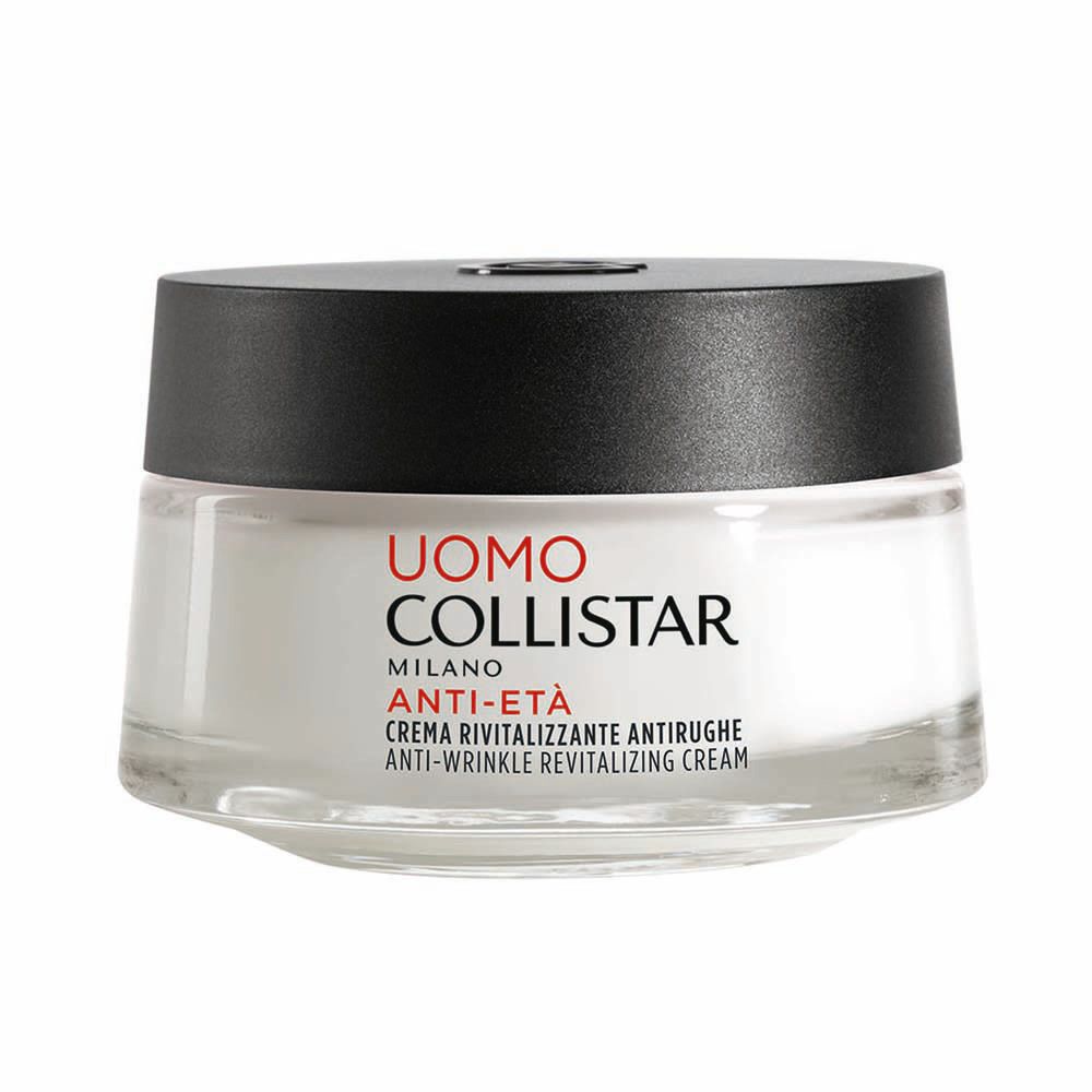 Pot de crème avec couvercle noir. Étiquette: Uomo Collistar, Anti-Eta, Crème Revitalisante Antirughe.