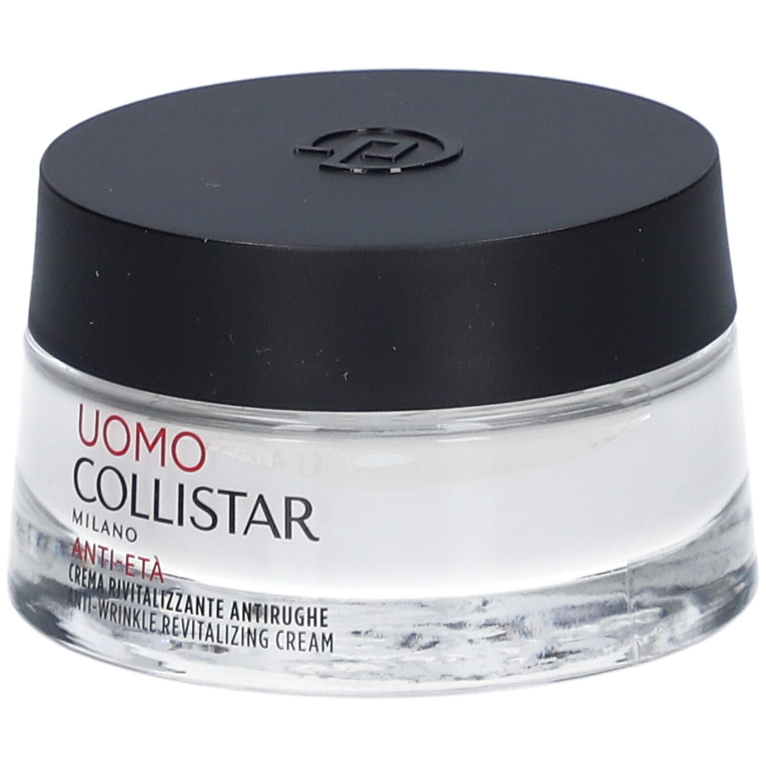 Pot de crème avec couvercle noir. Étiquette: Uomo Collistar, Anti-Eta, Crème Revitalisante Antirughe.