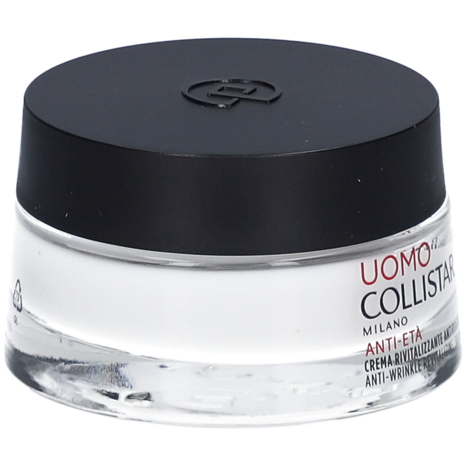 Pot de crème avec couvercle noir. Étiquette: Uomo Collistar, Anti-Eta, Crème Revitalisante Antirughe.