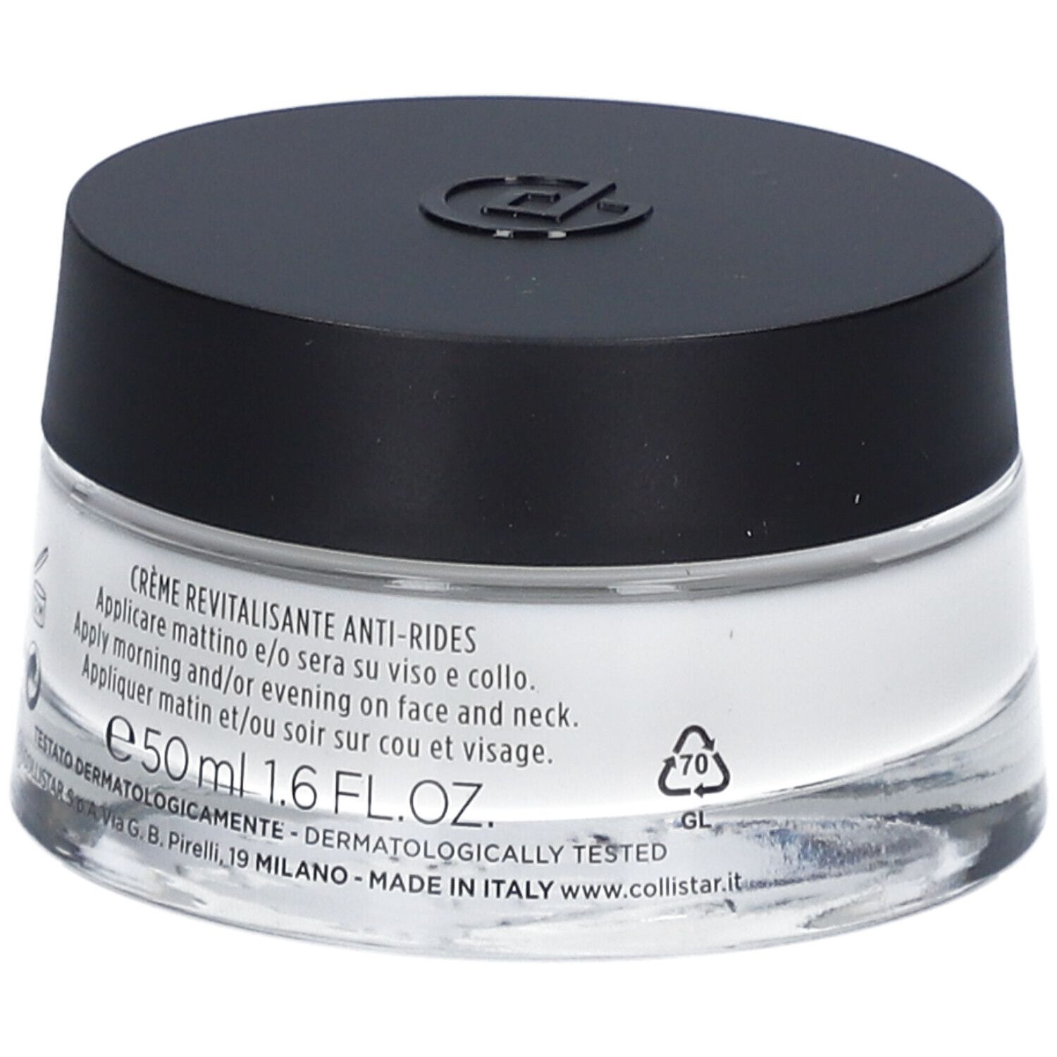 Pot de crème avec couvercle noir. Étiquette: Crème Revitalisante Anti-Rides, 50 ml, testé dermatologiquement.