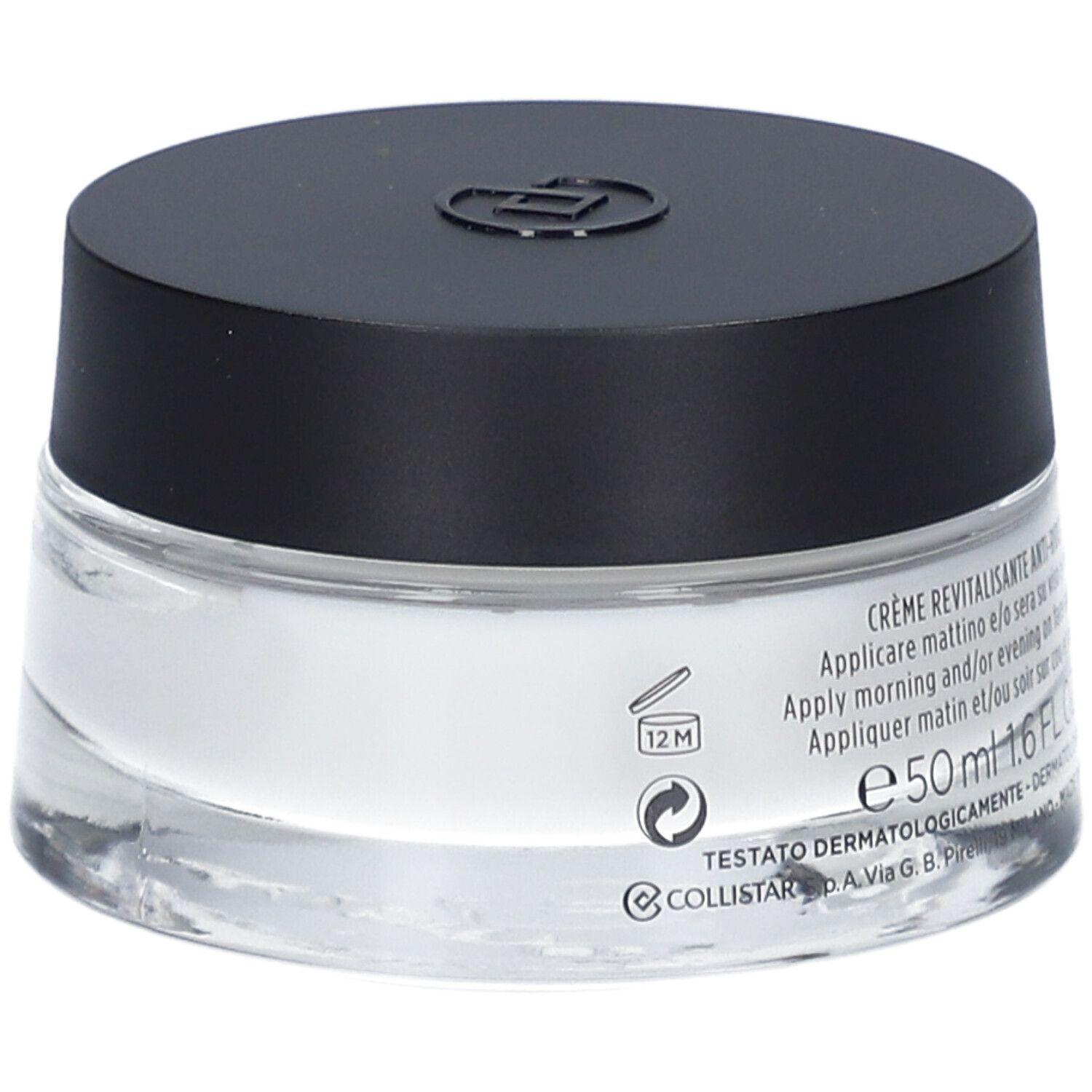 Pot de crème avec couvercle noir. Étiquette: Crème Revitalisante Anti-Rides, 50 ml, testé dermatologiquement.