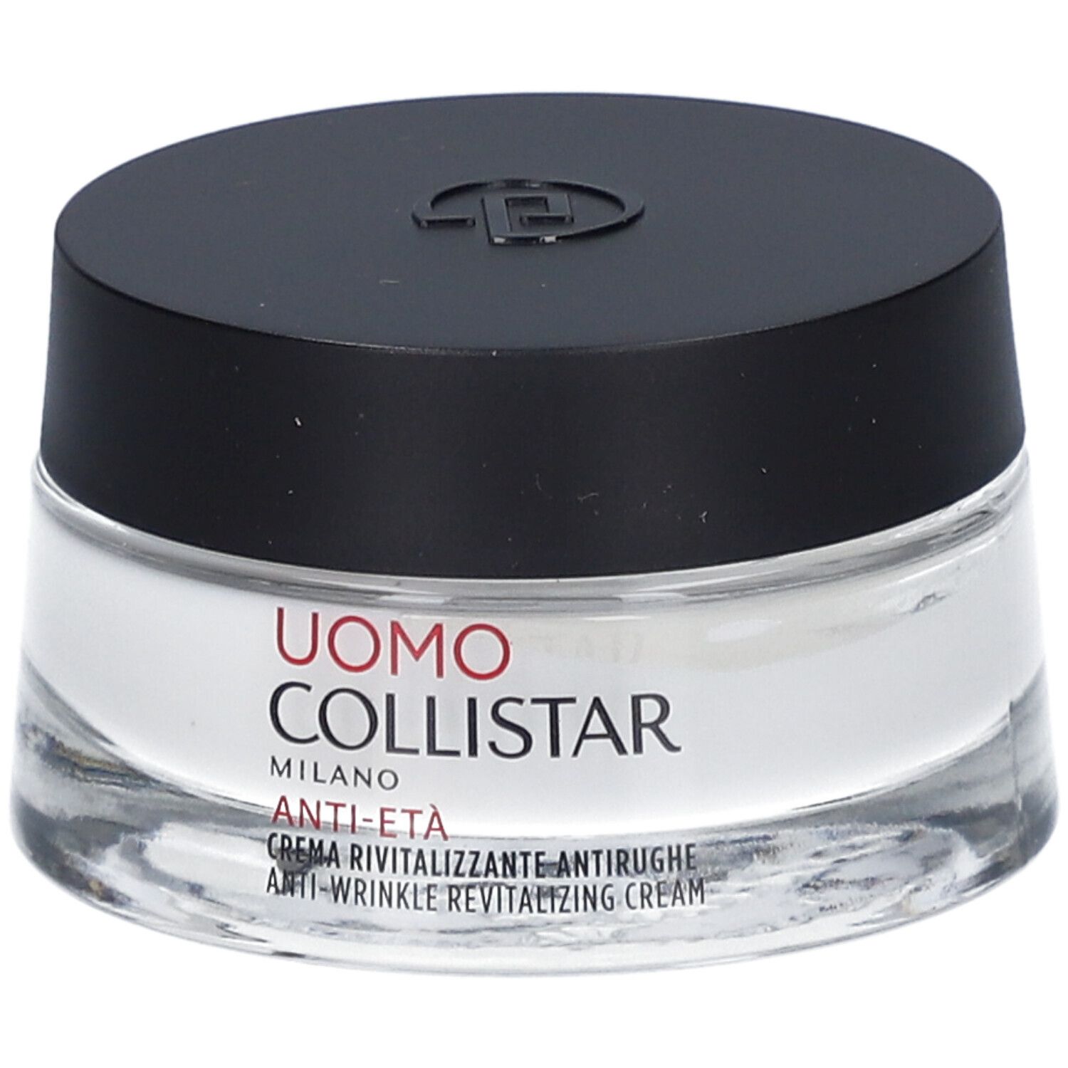 Pot de crème avec couvercle noir. Étiquette: Uomo Collistar, Anti-Eta, Crème Revitalisante Antirughe.