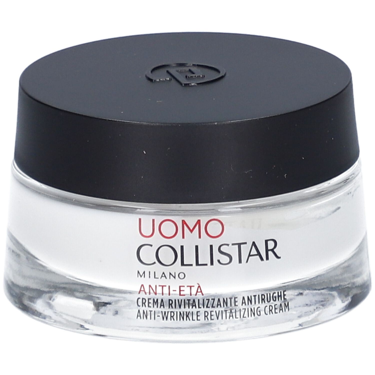 Pot de crème avec couvercle noir. Étiquette: Uomo Collistar, Anti-Eta, Crème Revitalisante Antirughe.