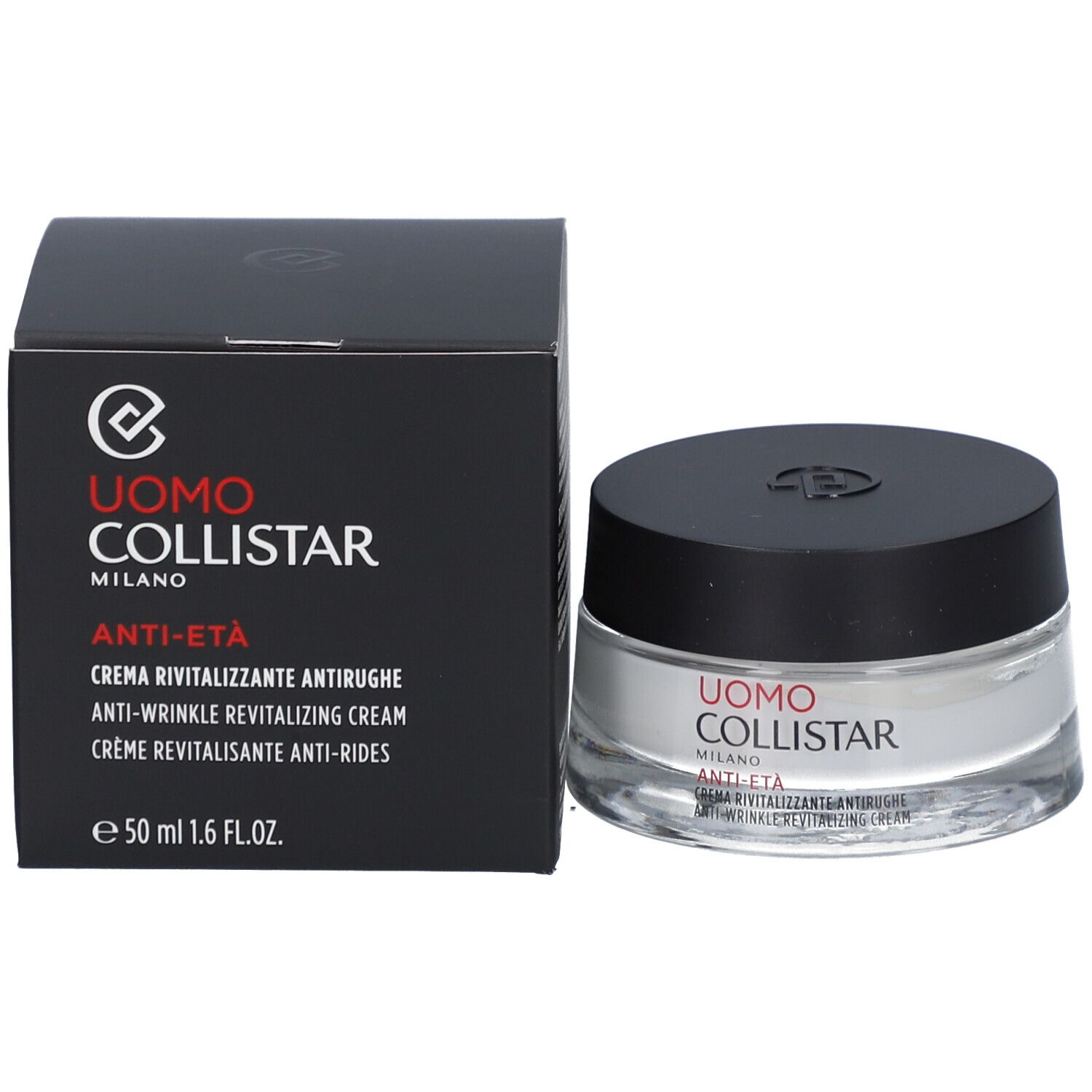 Pot de crème et boîte. Sur la boîte: Uomo Collistar, Anti-Eta, Crème Revitalisante Anti-Rides, 50 ml.