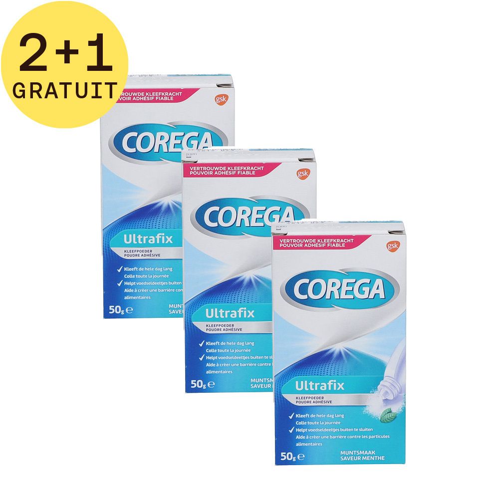 Trois boîtes de Corega Ultrafix Poudre Adhésive Menthe avec autocollant 2+1 gratuit. Emballage bleu et blanc.