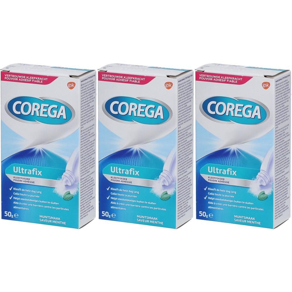 Trois boîtes de Corega Ultrafix Poudre Adhésive Menthe. Emballage bleu et blanc avec nom et informations produit.