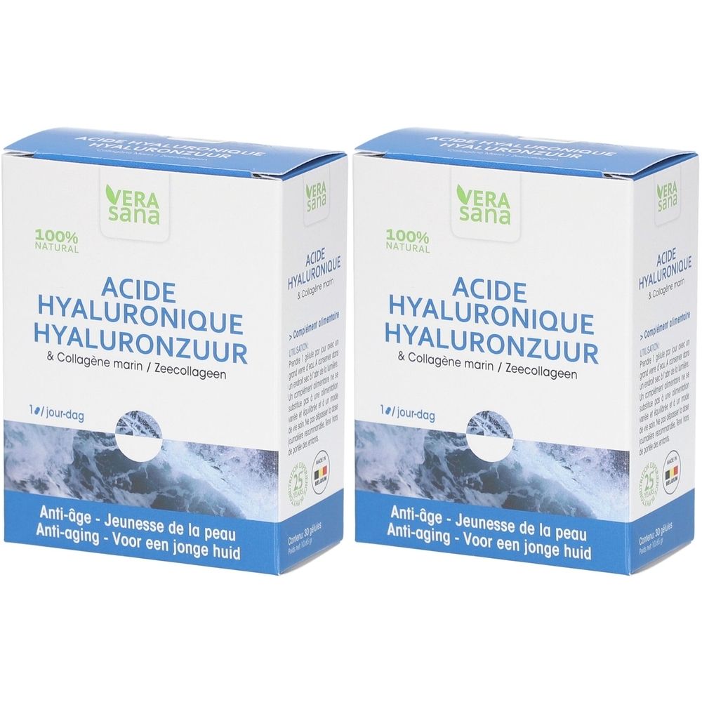 Deux boîtes bleues. Inscription: Vera Sana, Acide Hyaluronique & Collagène marin. 100% Natural. Anti-âge.