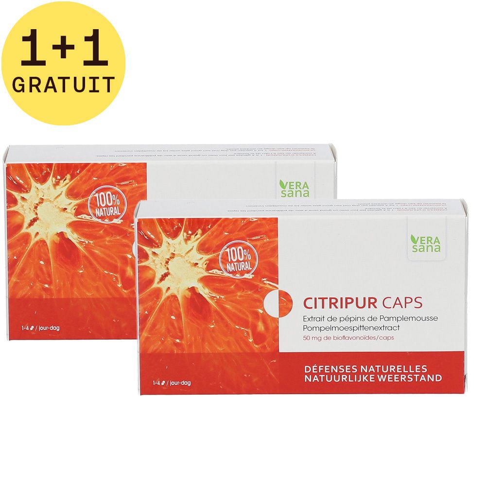 Deux boîtes blanches avec design rouge et texte. Inscription: Citripur Caps, logo Vera Sana, 100% naturel. Inscription: Défenses Naturelles, Natuurlijke Weerstand. Cercle jaune: 1+1 GRATUIT.