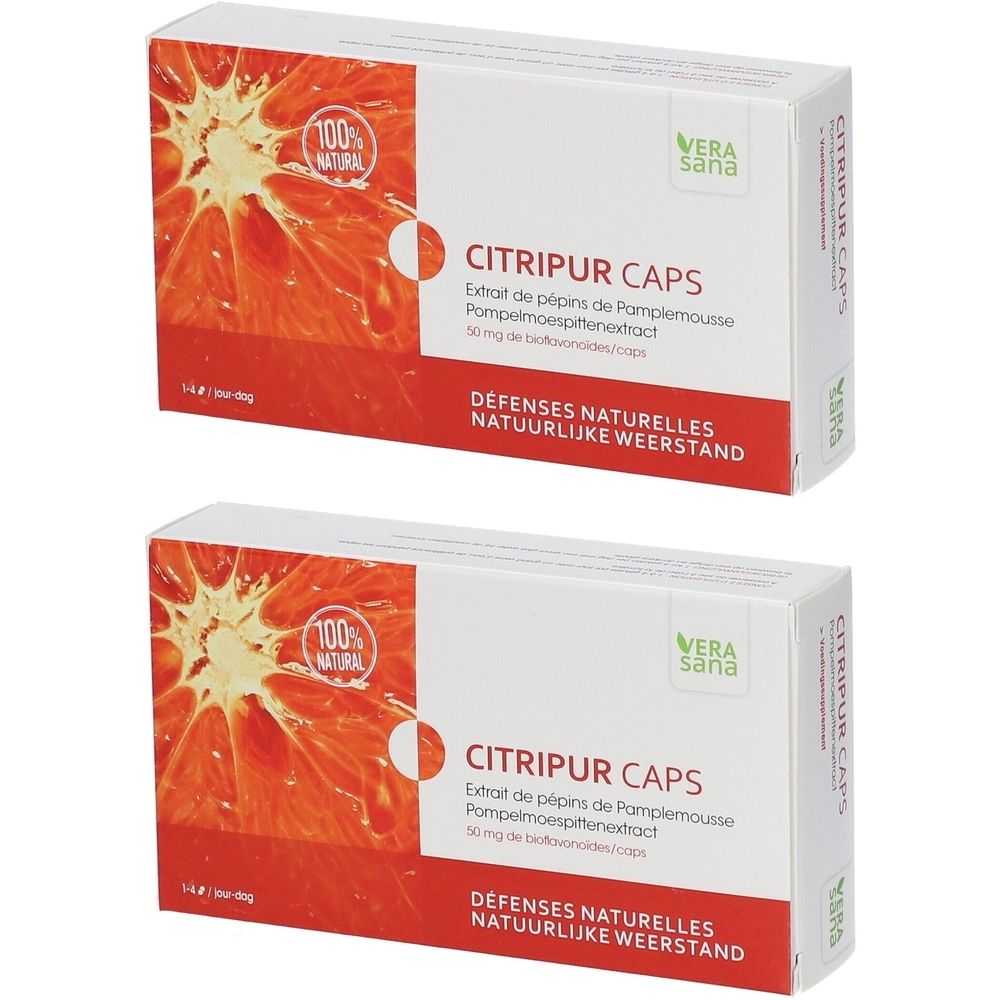 Deux boîtes blanches avec design rouge et texte. Inscription: Citripur Caps, logo Vera Sana, 100% naturel. Inscription: Défenses Naturelles, Natuurlijke Weerstand.