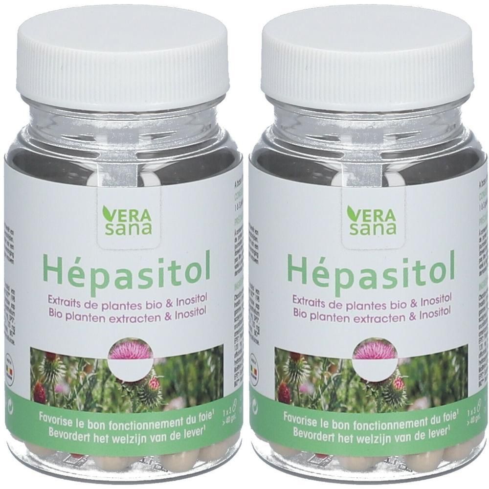 Deux flacons de Vera Sana Hépasitol. Récipients transparents avec bouchons blancs. Étiquettes avec nom et ingrédients du produit.