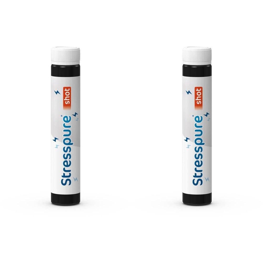 Deux shots cylindriques à bouchon blanc. Inscription "Stresspure shot". Fond noir avec symboles d'éclairs bleus.
