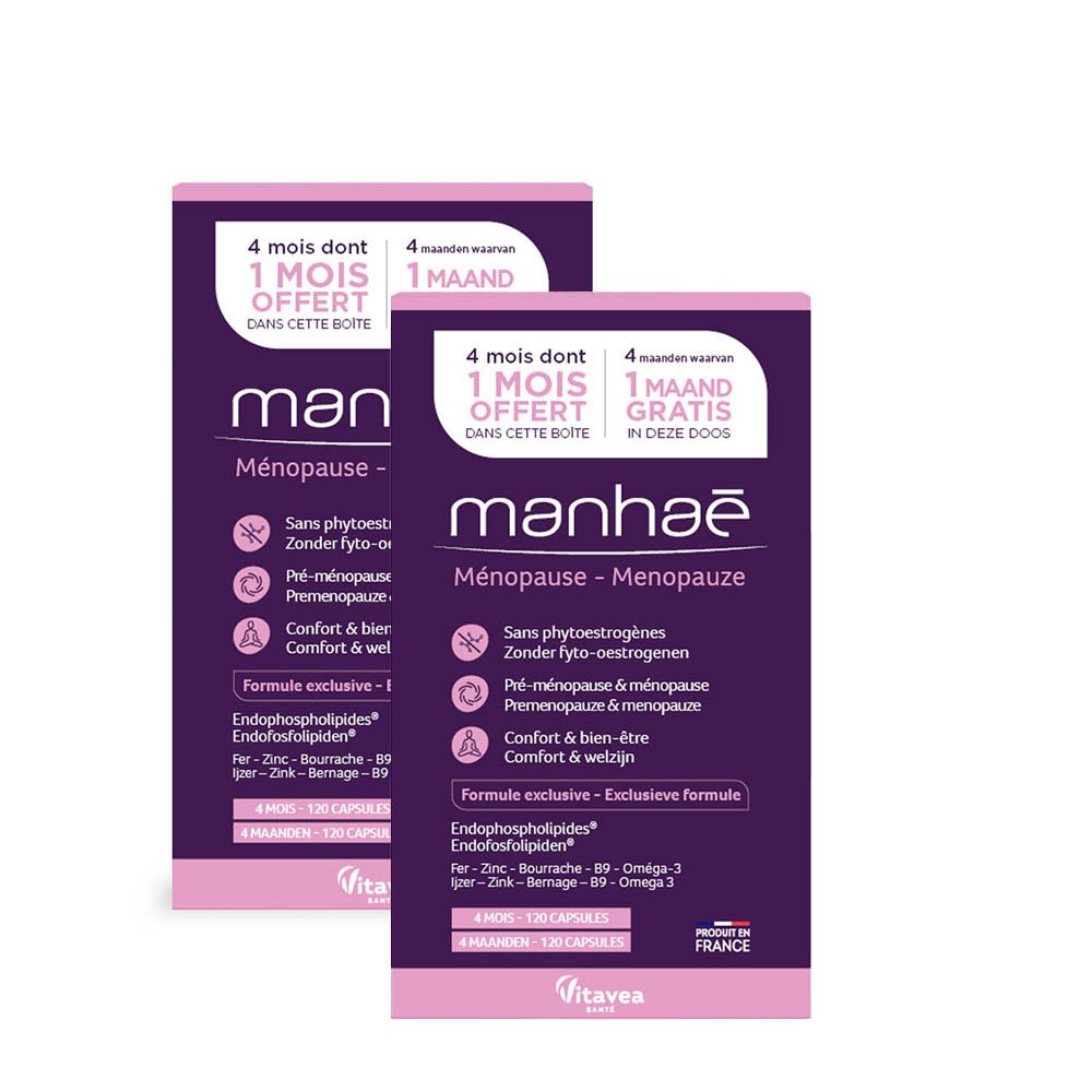 Deux boîtes de Manhaé Ménopause, partiellement superposées. Emballage violet et rose avec informations produit et texte. 4 mois + 1 gratuit.
