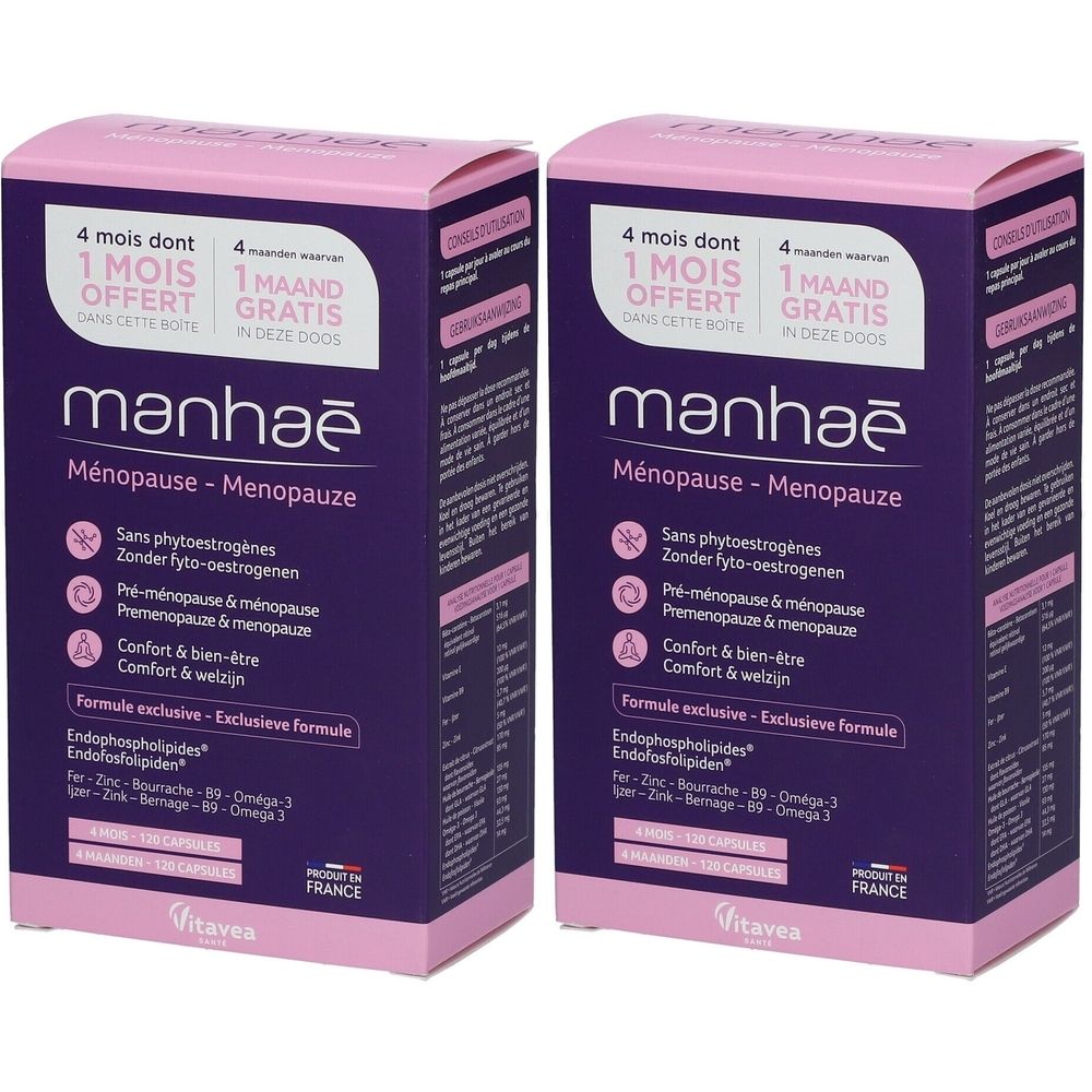 Deux boîtes de Manhaé Ménopause. Emballage violet et rose avec informations produit et texte. Contient 4 mois + 1 gratuit.