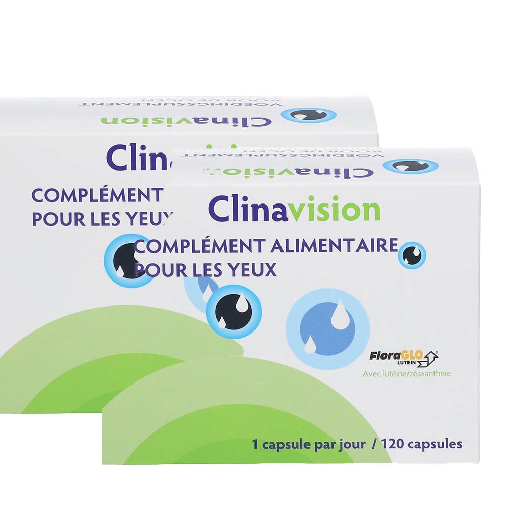 Deux boîtes blanches Clinavision. Texte: COMPLÉMENT ALIMENTAIRE POUR LES YEUX. Logo FloraGLO. 120 capsules.