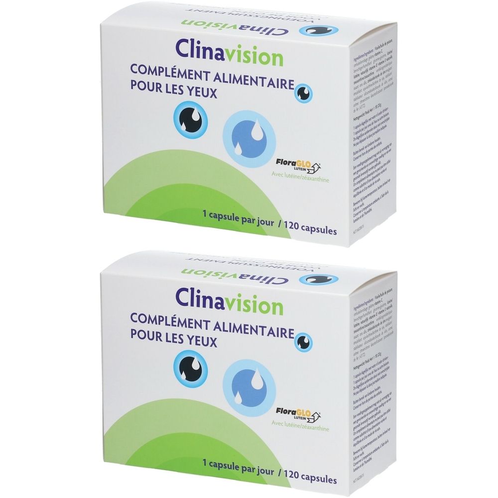 Deux boîtes blanches Clinavision. Texte: COMPLÉMENT ALIMENTAIRE POUR LES YEUX. Contient 120 capsules. Logo FloraGLO.