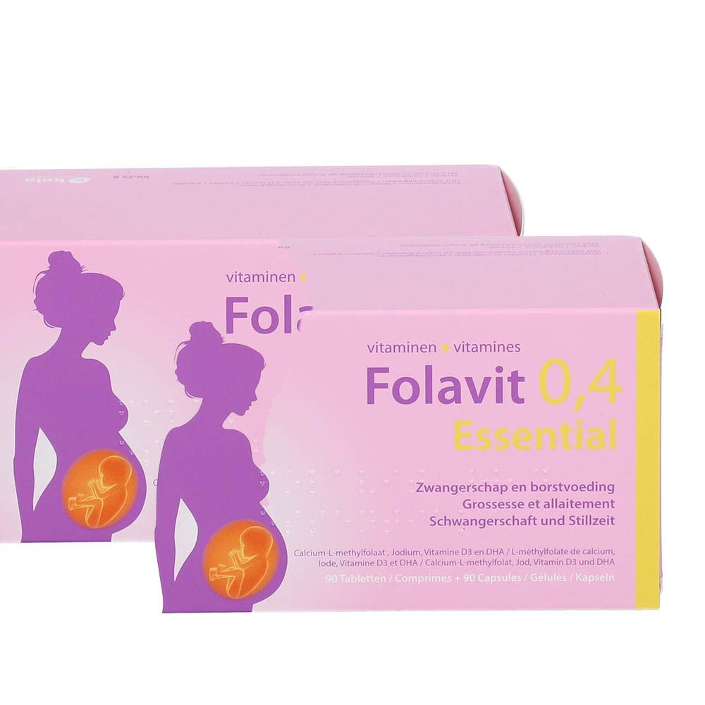 Deux boîtes roses Folavit 0,4 Essential. Inscription : Grossesse et allaitement. Silhouette violette d'une femme enceinte.