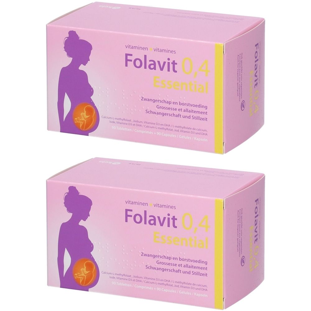 Deux boîtes roses Folavit 0,4 Essential. Inscription : Grossesse et allaitement. Silhouette violette d'une femme enceinte.