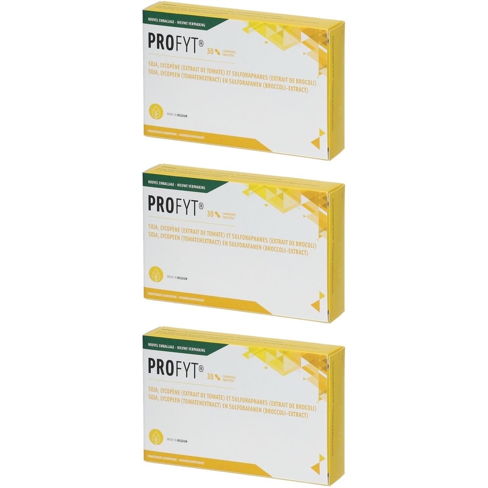 Trois boîtes jaunes avec le texte "PROFYT®" et d'autres textes. Inscriptions en plusieurs langues.