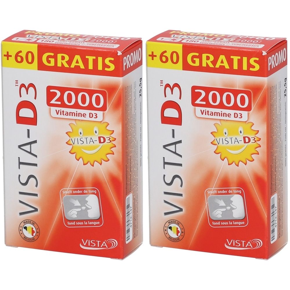 Deux boîtes de VISTA-D3 2000 Vitamine D3. Emballage rouge et blanc avec texte et logo. +60 GRATIS.