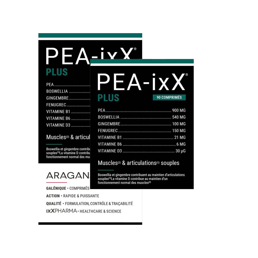 Deux boîtes de PEA-ixX PLUS. Emballage noir et blanc avec informations produit. Contient 90 comprimés. Marque: ARAGAN. Texte en français.