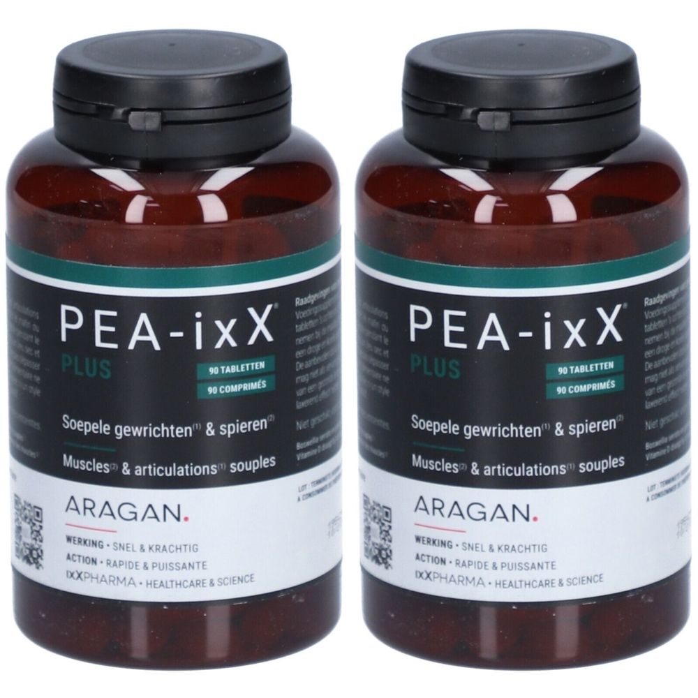 Deux flacons bruns avec bouchons noirs. Inscription: PEA-ixX PLUS, 90 comprimés. Texte en néerlandais et français. Marque: ARAGAN.