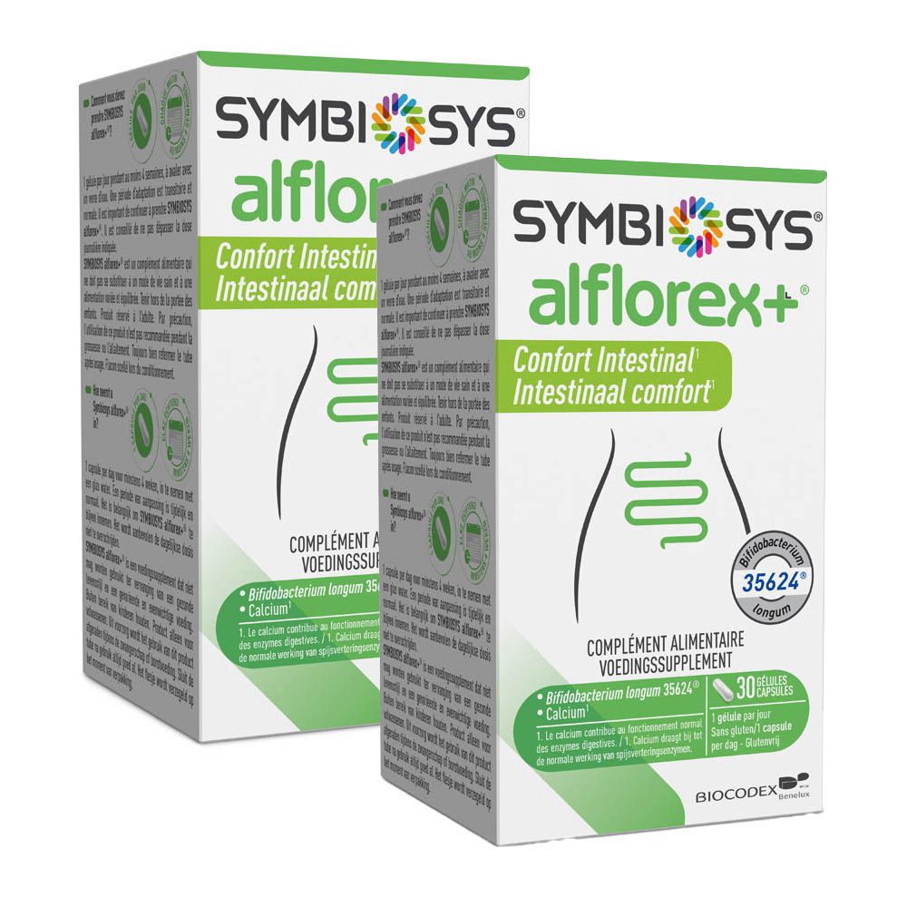 Deux boîtes SYMBIOSYS Alflorex+ avec inscription verte. Inscription : Confort intestinal. Contient 30 gélules.