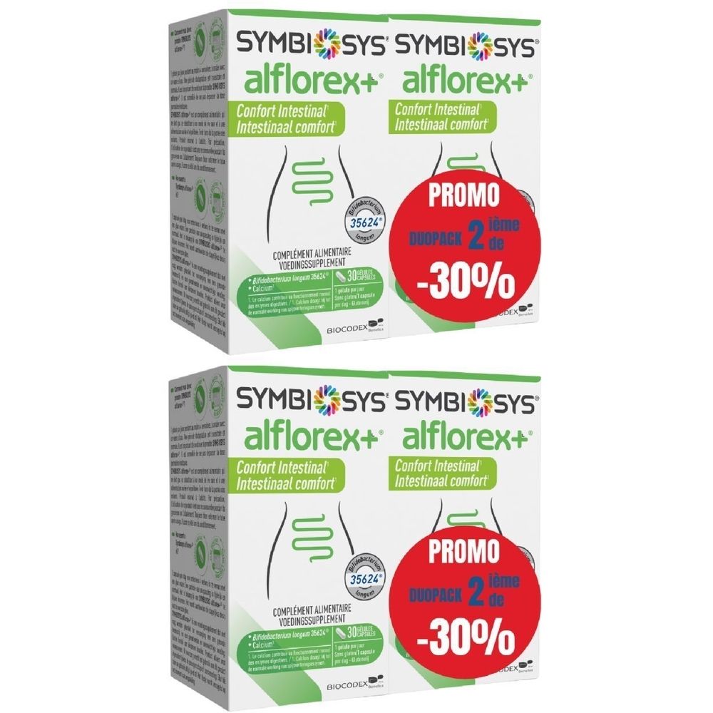 Deux boîtes SYMBIOSYS Alflorex+ avec autocollant promo rouge. Inscription : Confort intestinal. Contient 2 boîtes avec réduction.