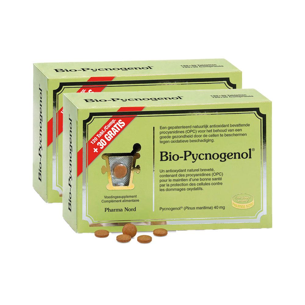 Deux boîtes vertes Bio-Pycnogenol. Inscription Pharma Nord. 120 comprimés + 30 gratuits. Comprimés devant.
