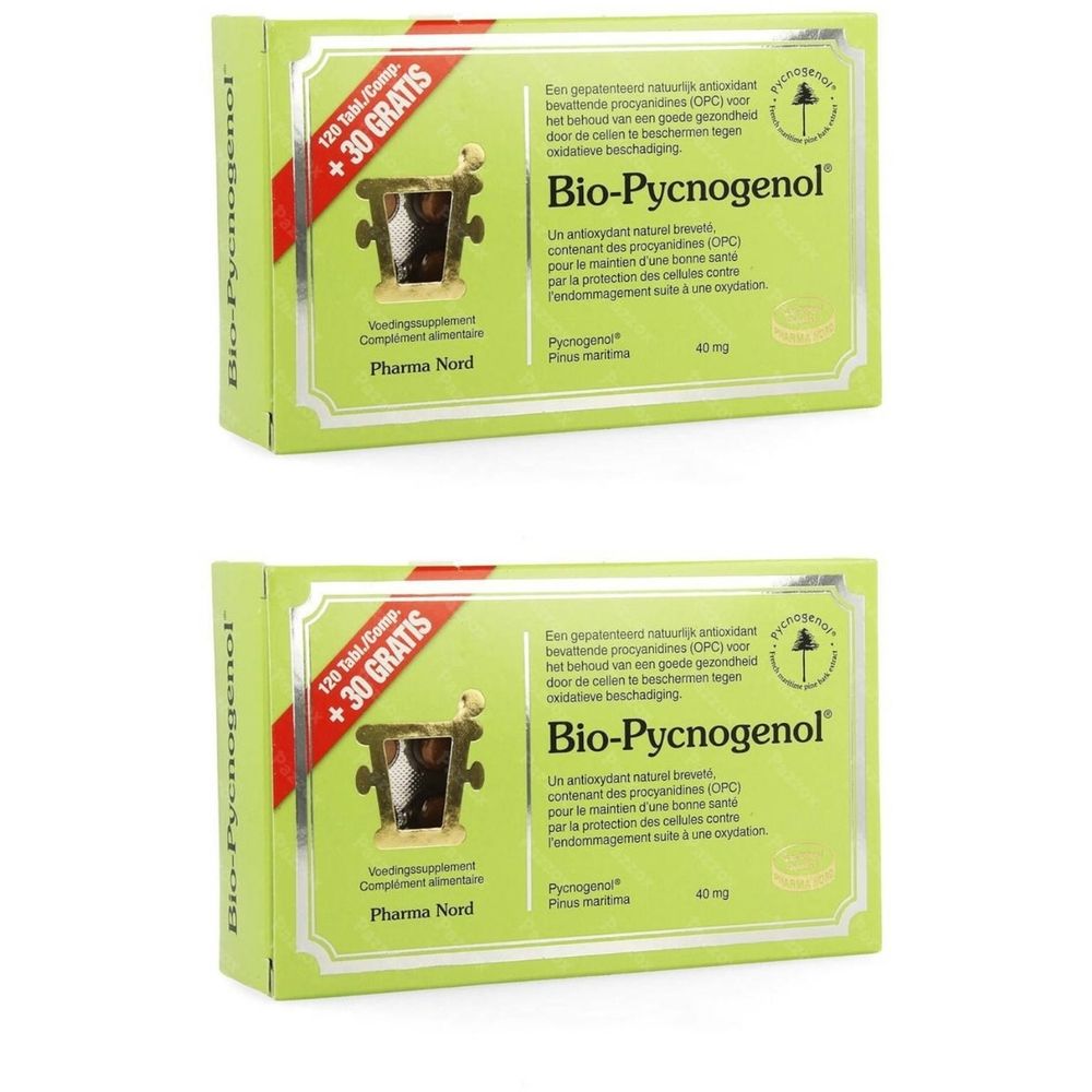 Deux boîtes vertes Bio-Pycnogenol. Inscription Pharma Nord. 120 comprimés + 30 gratuits. Image d'un mortier.
