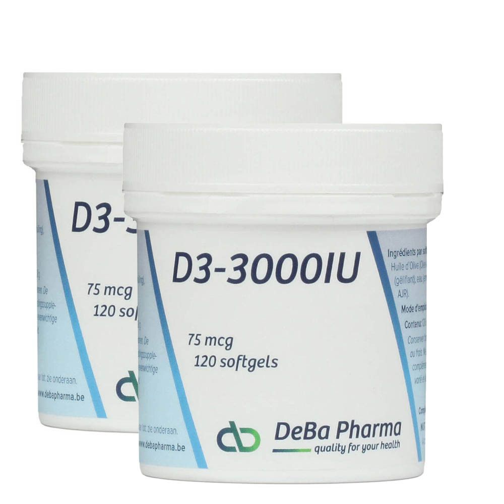 Deux pots blancs avec étiquette. Inscription D3-3000IU, 75 mcg, 120 gélules. Logo DeBa Pharma.