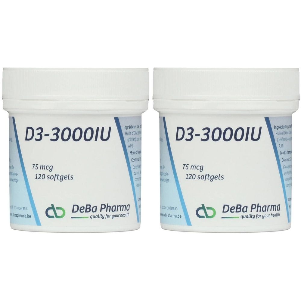 Deux pots blancs avec étiquette. Inscription D3-3000IU, 75 mcg, 120 gélules. Logo DeBa Pharma.