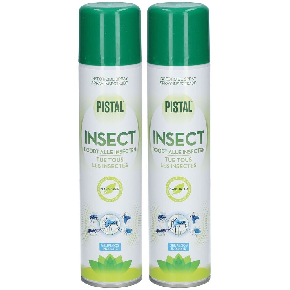 Deux aérosols Pistal® Insect, vert et blanc. Inscription: Insect, tue tous les insectes. À base de plantes.